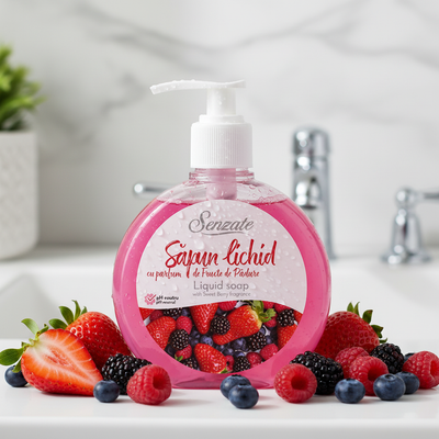 SENZATE šķidrās ziepes ar saldo ogu aromātu 500ml ar svaigām ogām un ūdens pilieniem