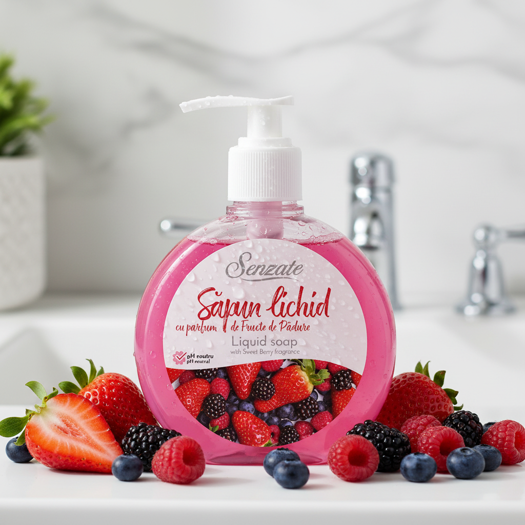 SENZATE šķidrās ziepes ar saldo ogu aromātu 500ml ar svaigām ogām un ūdens pilieniem