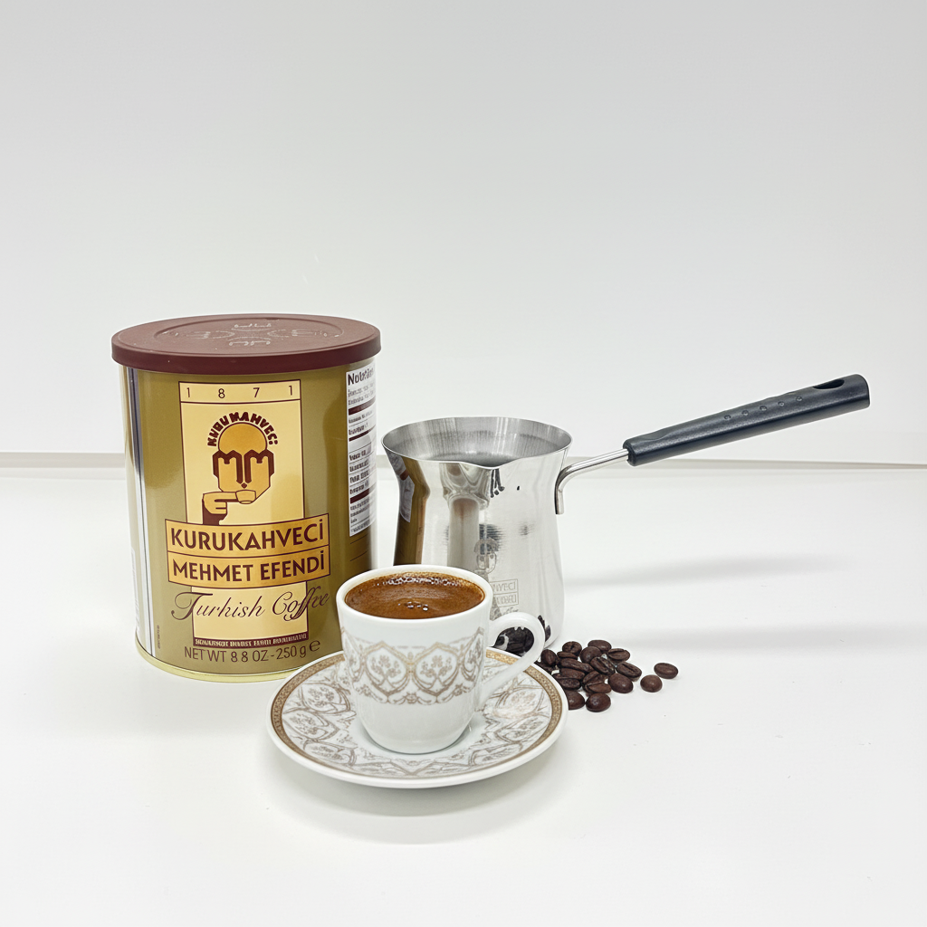 Набор турецкого кофе Mehmet Efendi (турецкий кофе, джезва - турецкий кофейник) Подарок Mehmet Efendi turku kafijas komplekts ar džezve un 250g kafiju, minimālistisks produkta foto, dāvana, balts fons