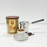 Mehmet Efendi turku kafijas komplekts ar džezve un 250g kafiju, minimālistisks produkta foto, dāvana, balts fons