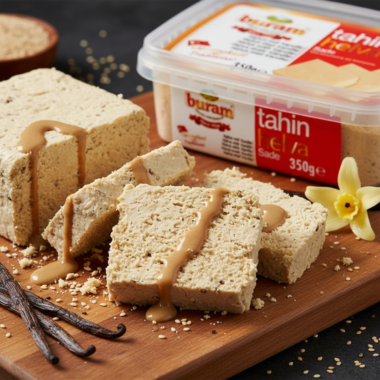 Buram vaniļas halva tuvplāns ar sezama pastu un tekstūru, 52% sezama saturs, vaniļas aromāts