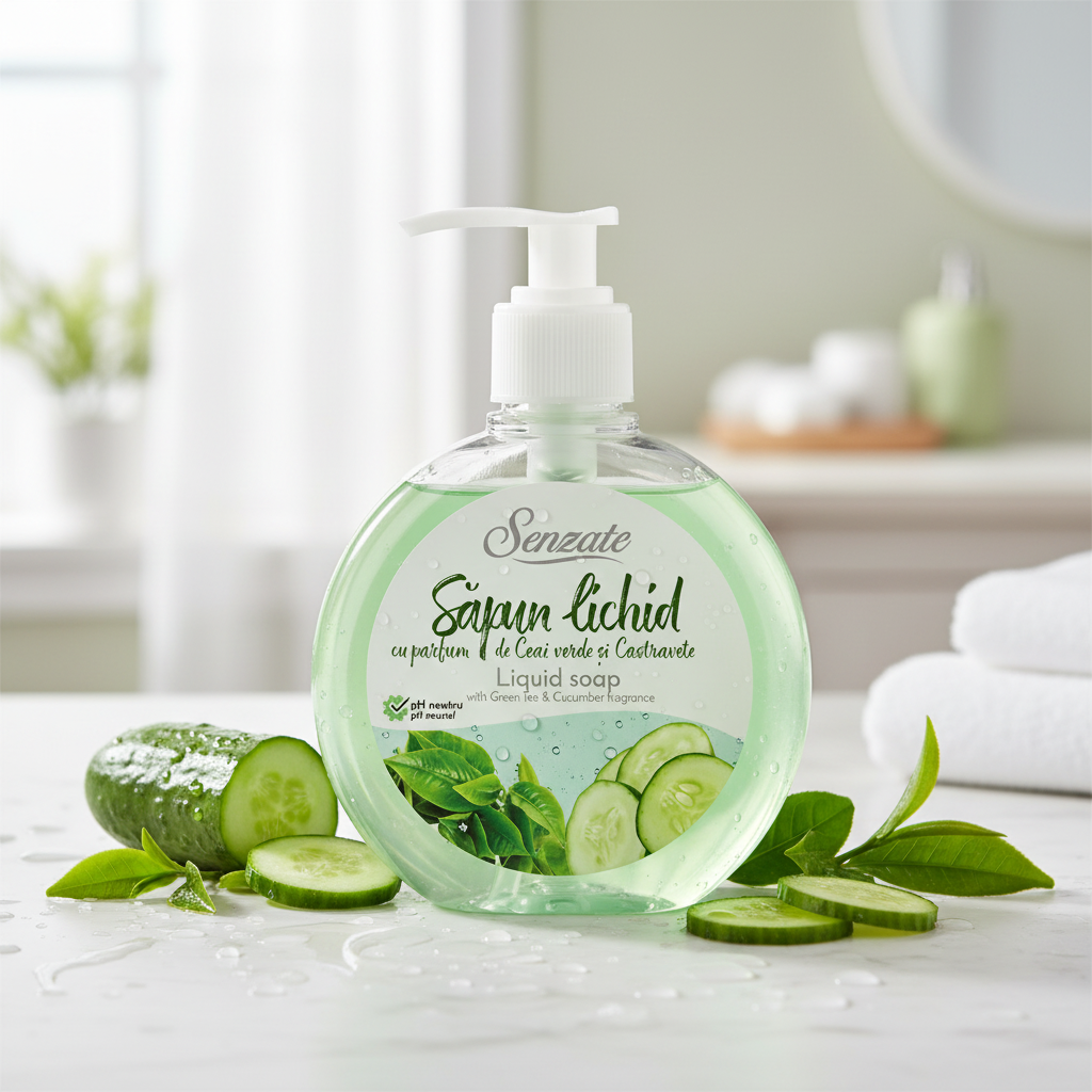 Šķidrās ziepes ar zaļās tējas un gurķu aromātu, SENZATE, 500ml SENZATE šķidrās ziepes ar zaļās tējas un gurķu aromātu 500ml spa atmosfērā ar svaigiem gurķiem