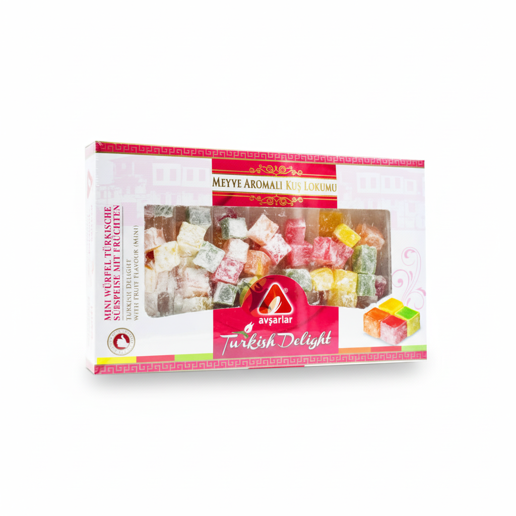 Авшарлар рахат-лукум со вкусом фруктов 350г Avşarlar turku lukums ar augļu garšu 350g, premium turku saldumiņi ar augļu aromātiem, profesionāla produkta fotogrāfija baltā fonā
