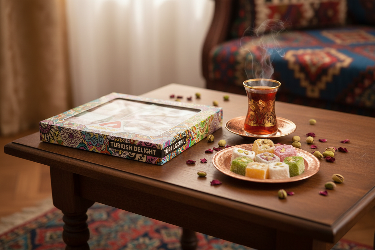 Avşarlar asorti turku lukums servēts ar turku tēju tradicionālā vidē, krāsaini lokumi ar pistācijām un rožu ziedlapiņām
