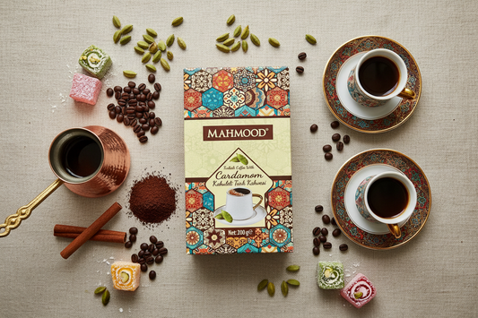 Turku kafija ar kardamonu MAHMOOD premium kompozīcijā ar garšvielām un tradicionālajiem turku kafijas elementiem - autentiska turku kafijas kultūra
