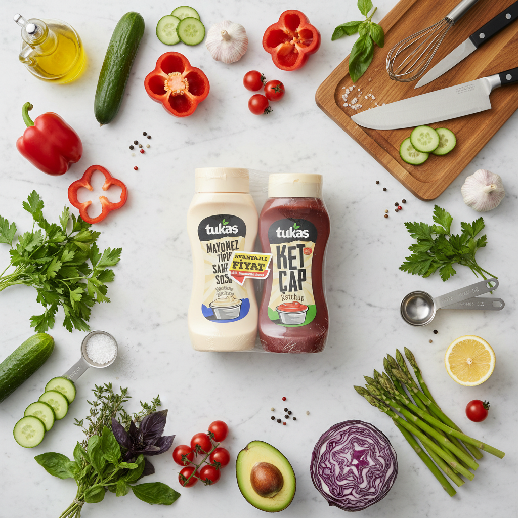 Tukas, komplekts Majonēze salātiem 335g + Kečups 400g Tukas komplekts flat lay kompozīcijā ar dārzeņiem un garšvielām