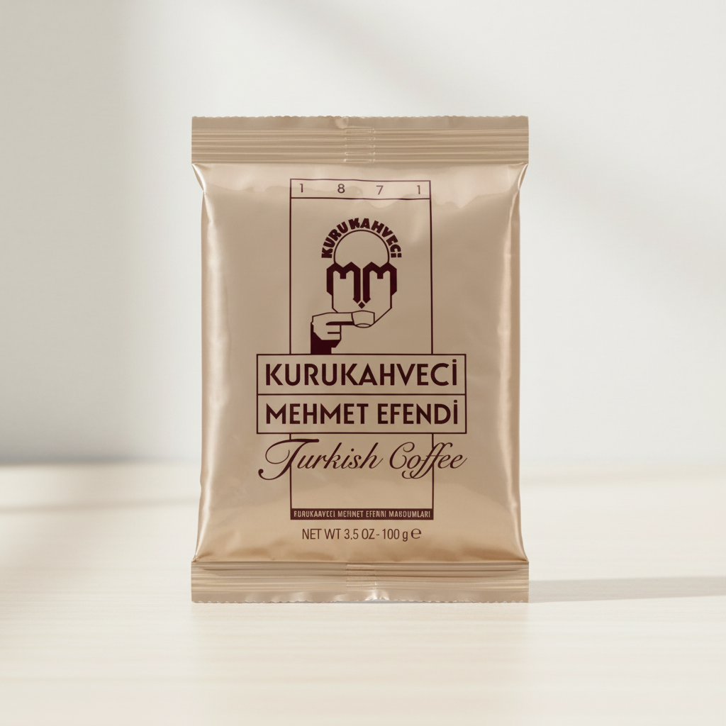 Кофе Kurukahveci Mehmet Efendi турецкий 100г  Kurukahveci Mehmet Efendi turku kafija 100g produkta iepakojums priekšplānā