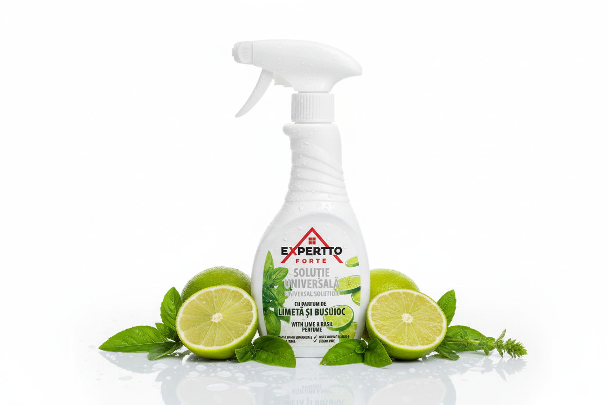 Universāls tīrīšanas līdzeklis ar laima un bazilika aromātu, EXPERTTO FORTE, 500ml EXPERTTO FORTE tīrīšanas līdzeklis tuvplāns ar laimu un baziliku