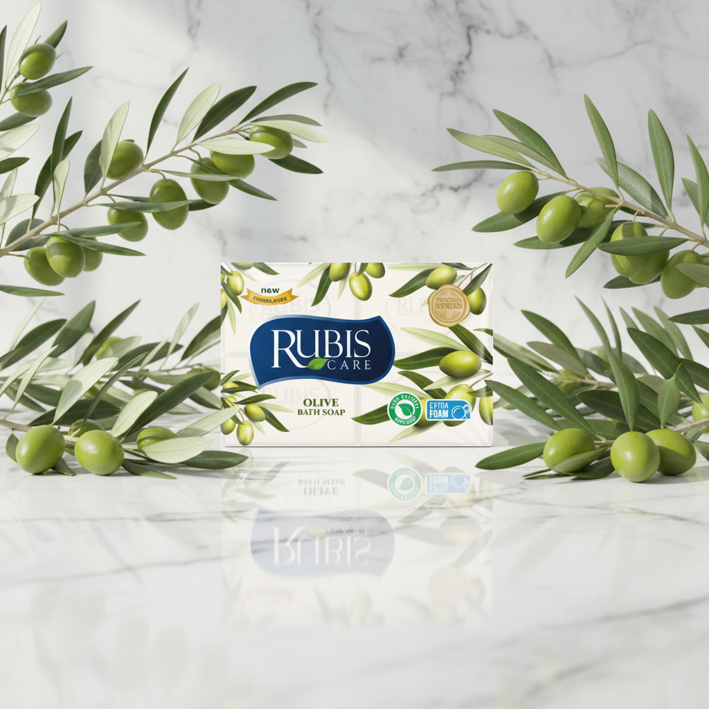 Dabīgās ziepes,  RUBIS, olīvu aromāts 150 g x 4 gab. RUBIS dabīgās ziepes ar olīvu aromātu uz marmora virsmas ar zaļām olīvu zarām