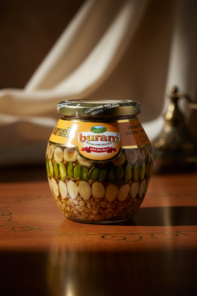 Сладкая смесь орехов Buram 420г Buram saldais riekstu mix profesionālā studijas apgaismojumā ar zelta akcentiem, luksusa riekstu maisījums