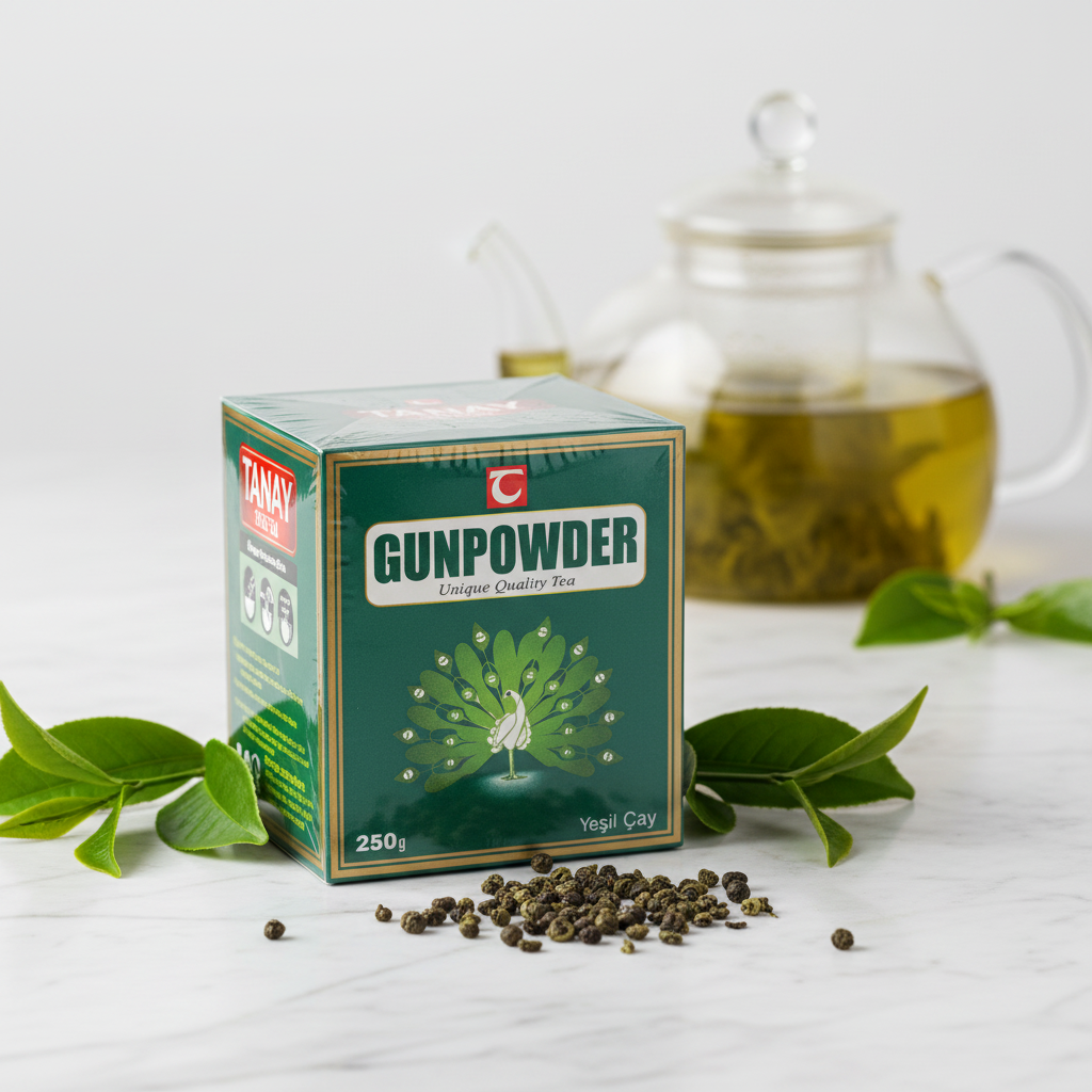 Tanay gunpowder zaļā tēja 250g minimālistisks produkta foto ar tējas kannām