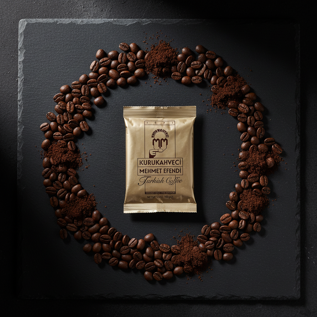 Mehmet Efendi turku kafija 100g uz tumšas šīfera virsmas ar kafijas pupiņām
