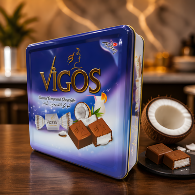 Šokolādes konfektes ar kokosriekstu pildījumu, metāla kaste,Vigos, 600g