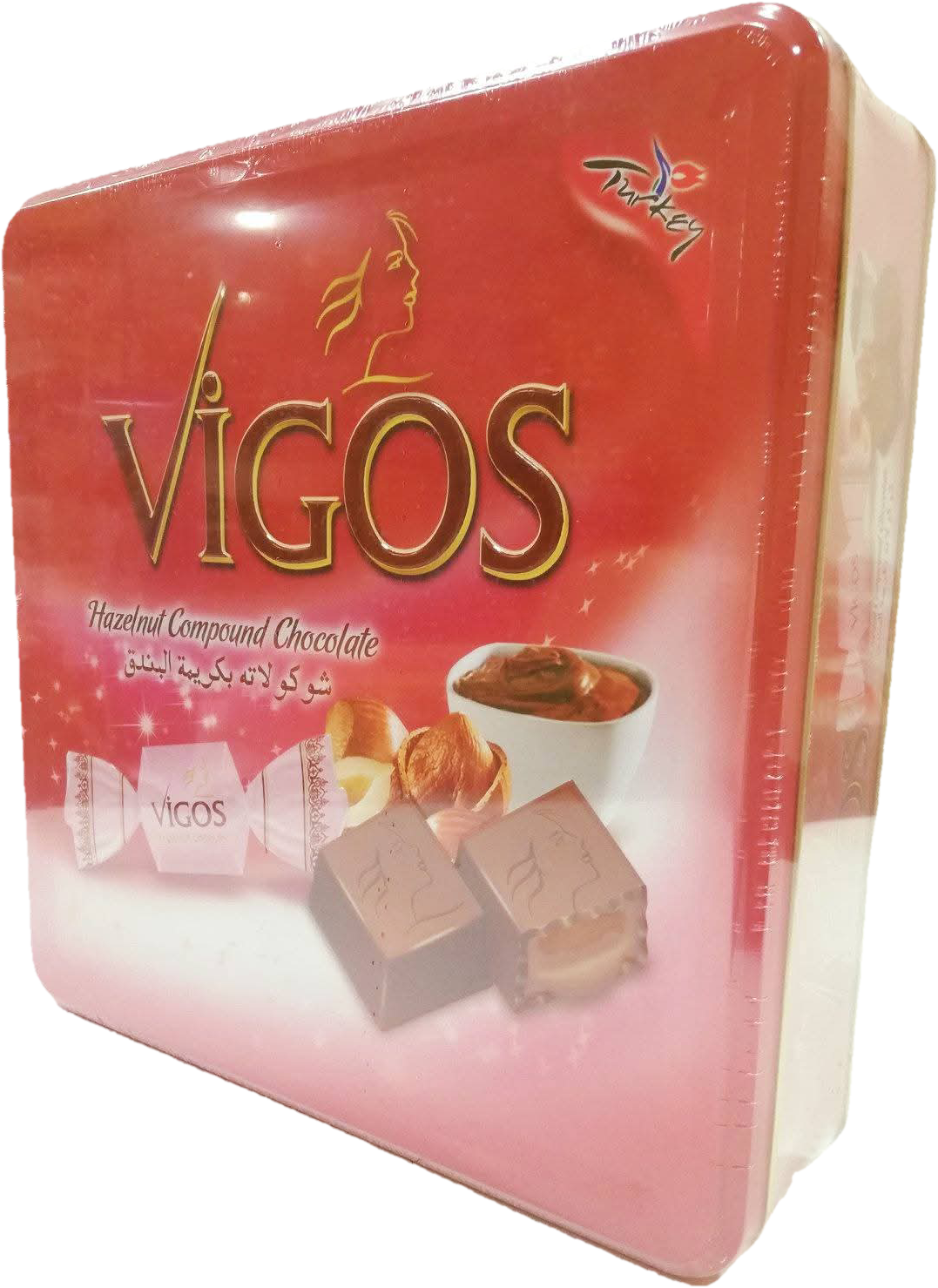 Šokolādes konfektes ar lazdu riekstu pildījumu, metāla kaste, Vigos, 600g