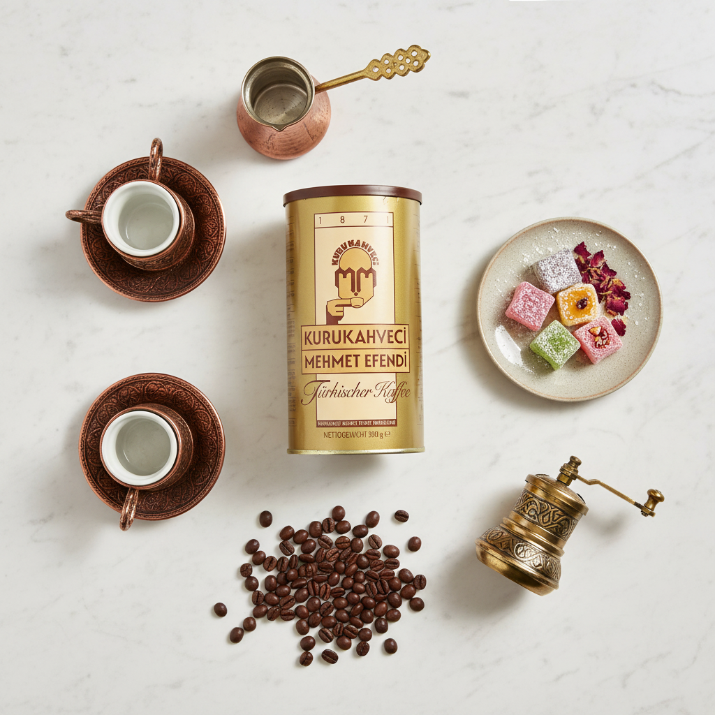 Kurukahveci Mehmet Efendi turkiška kava 500g Turkish Coffee Flat Lay