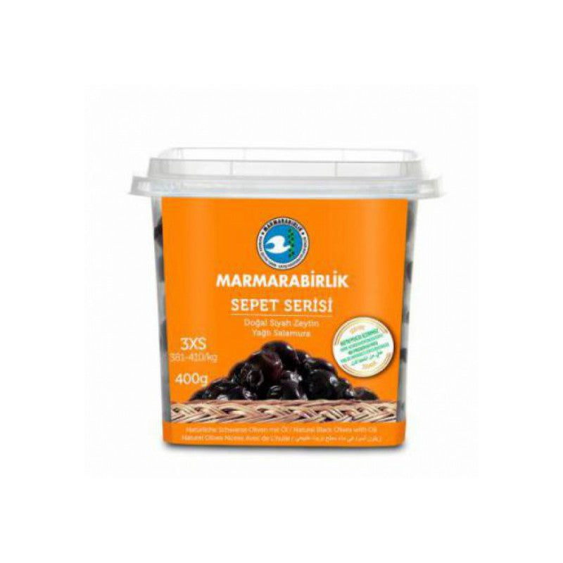Marmarabirlik, Tradicionālas melnās olīvas, 3XS, 400g Marmarabirlik Sepet serisi doğal siyah zeytin yağlı salamura 3XS 400g -  by Marmarabirlik - siyah zeytin, yağlı, zeytin